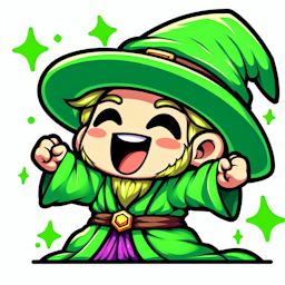A green robed wizard very happy