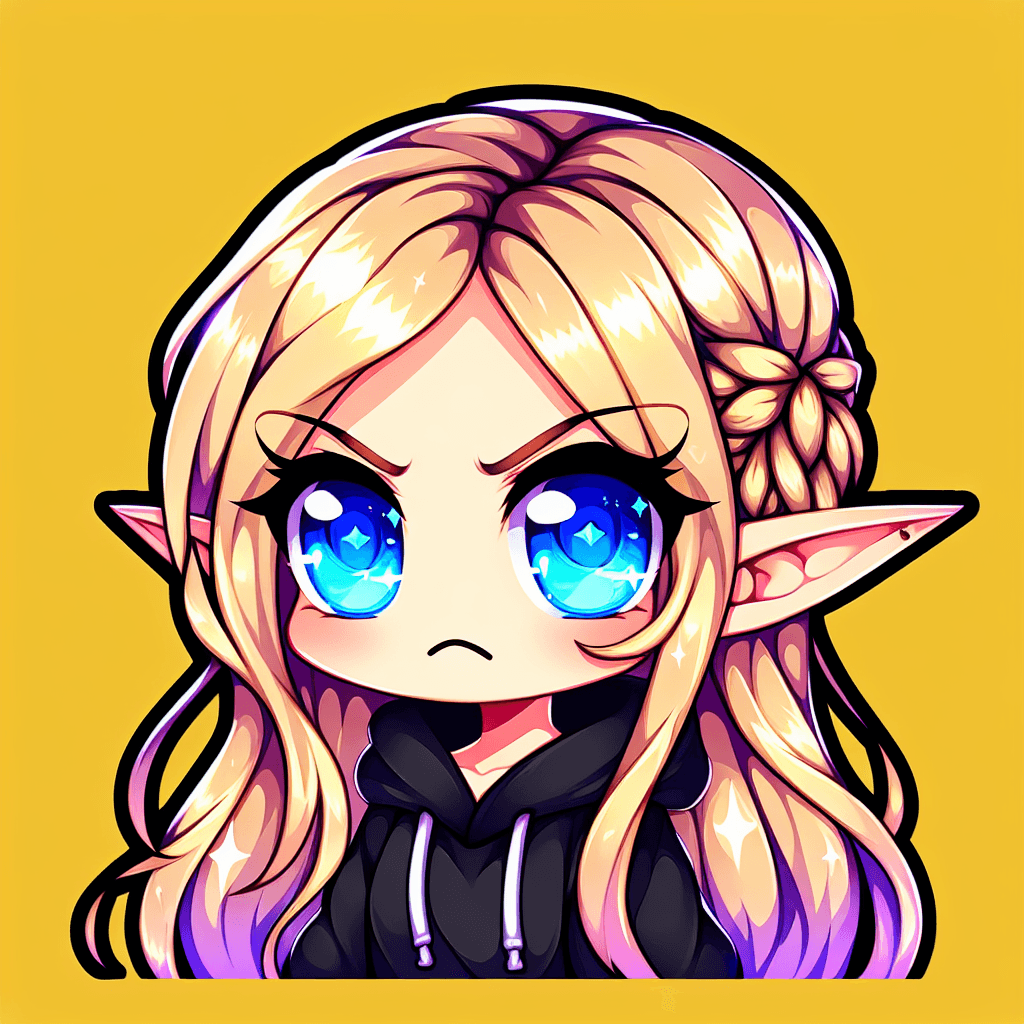 one girl, blonde long hair, blue eyes, elf ears, wearing a black hoodie, angry emote