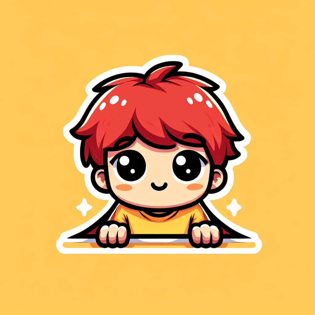 A kid with red hair and yellow shirt lurking from below emote