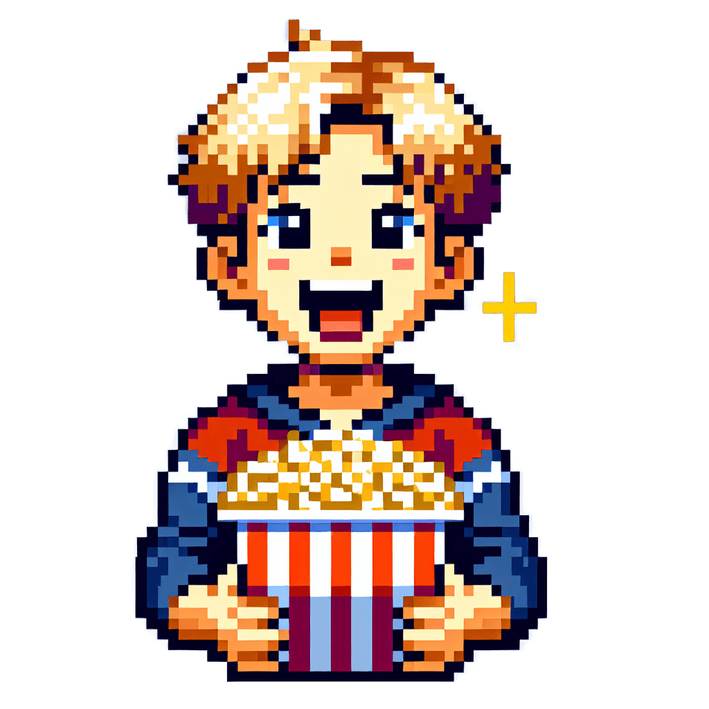 a happy boy with a box of popcorn emote