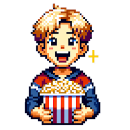 a happy boy with a box of popcorn