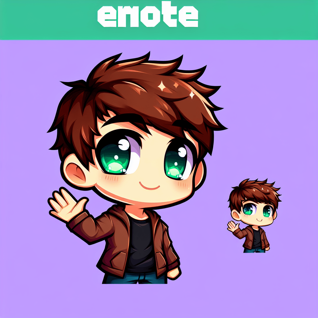 brown hair, male, green eyes, wave emote