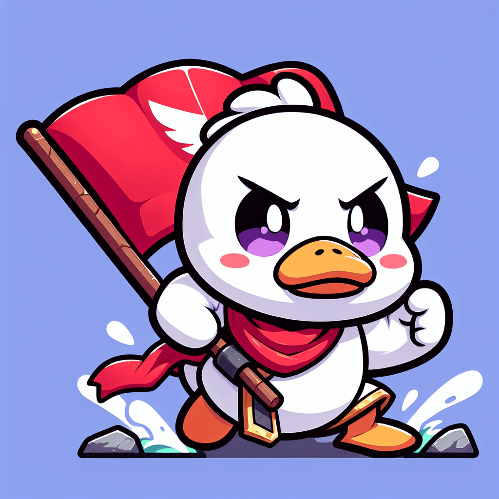 a white duck with a red horde flag charging into battle emote