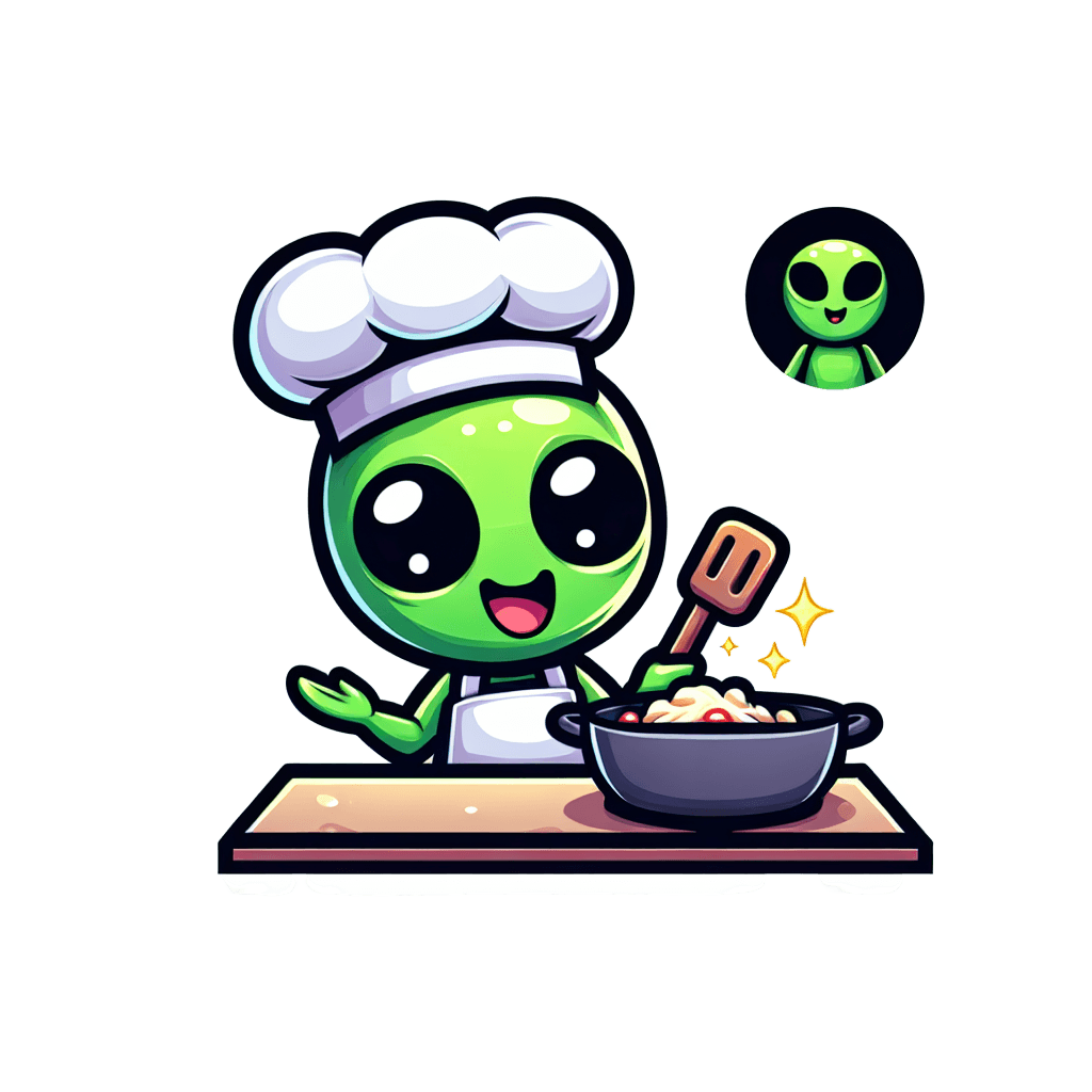 A green alien that’s a chef cooking up some grub emote