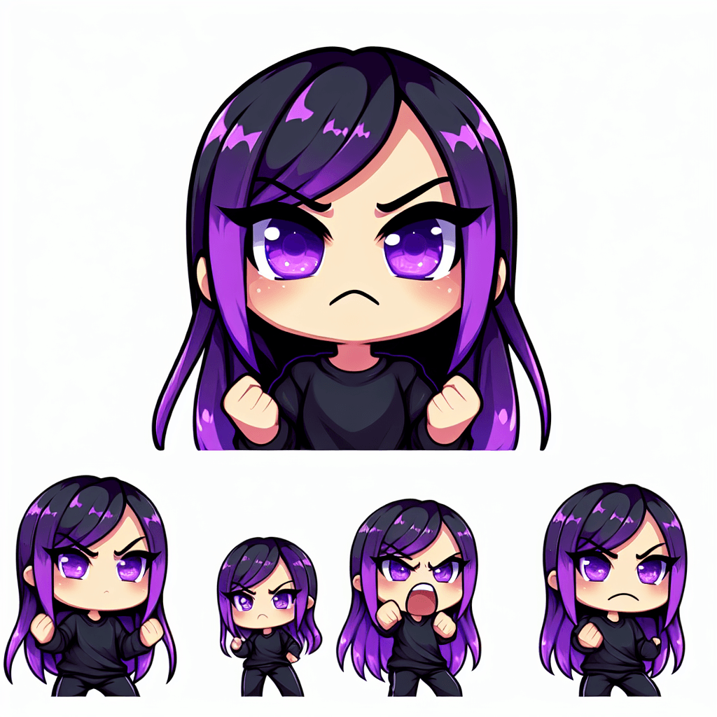 one girl, long purple hair, purple eyes, black shirts, angry emote