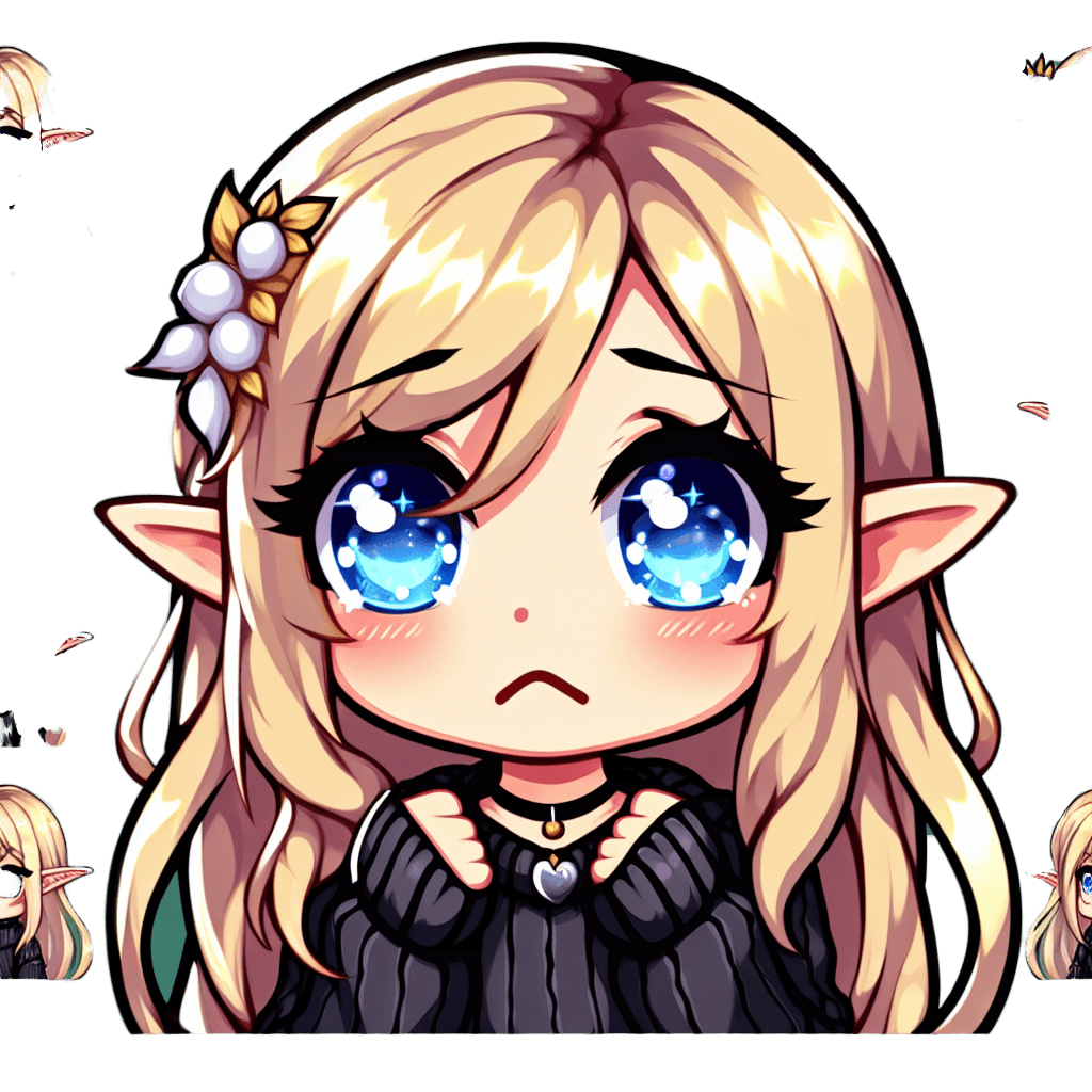 one girl, long blonde hair, blue eyes, elf ears, wearing a black sweater, sad emote