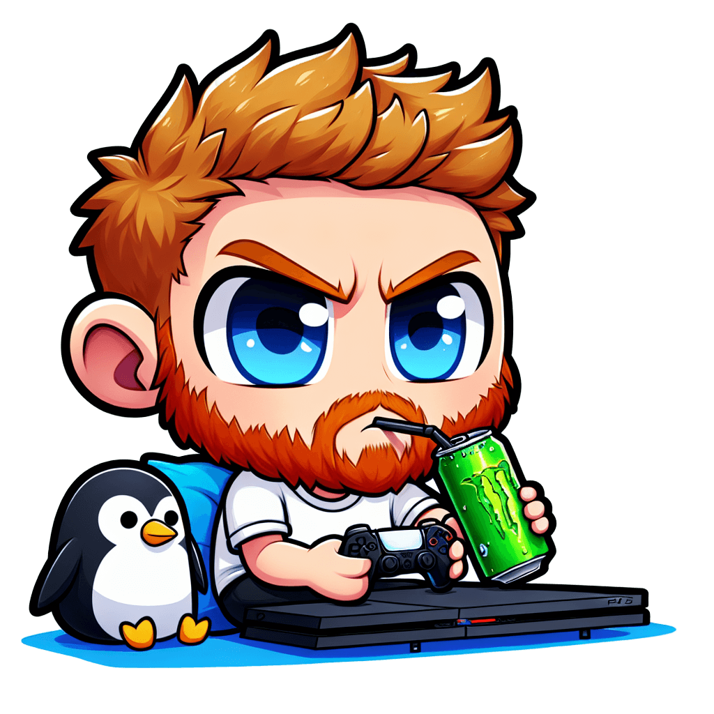 Ginger man with beard and blue eyes playing playstation 5 drinking green monster with a penguin next to him emote