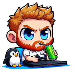Ginger man with beard and blue eyes playing playstation 5 drinking green monster with a penguin next to him