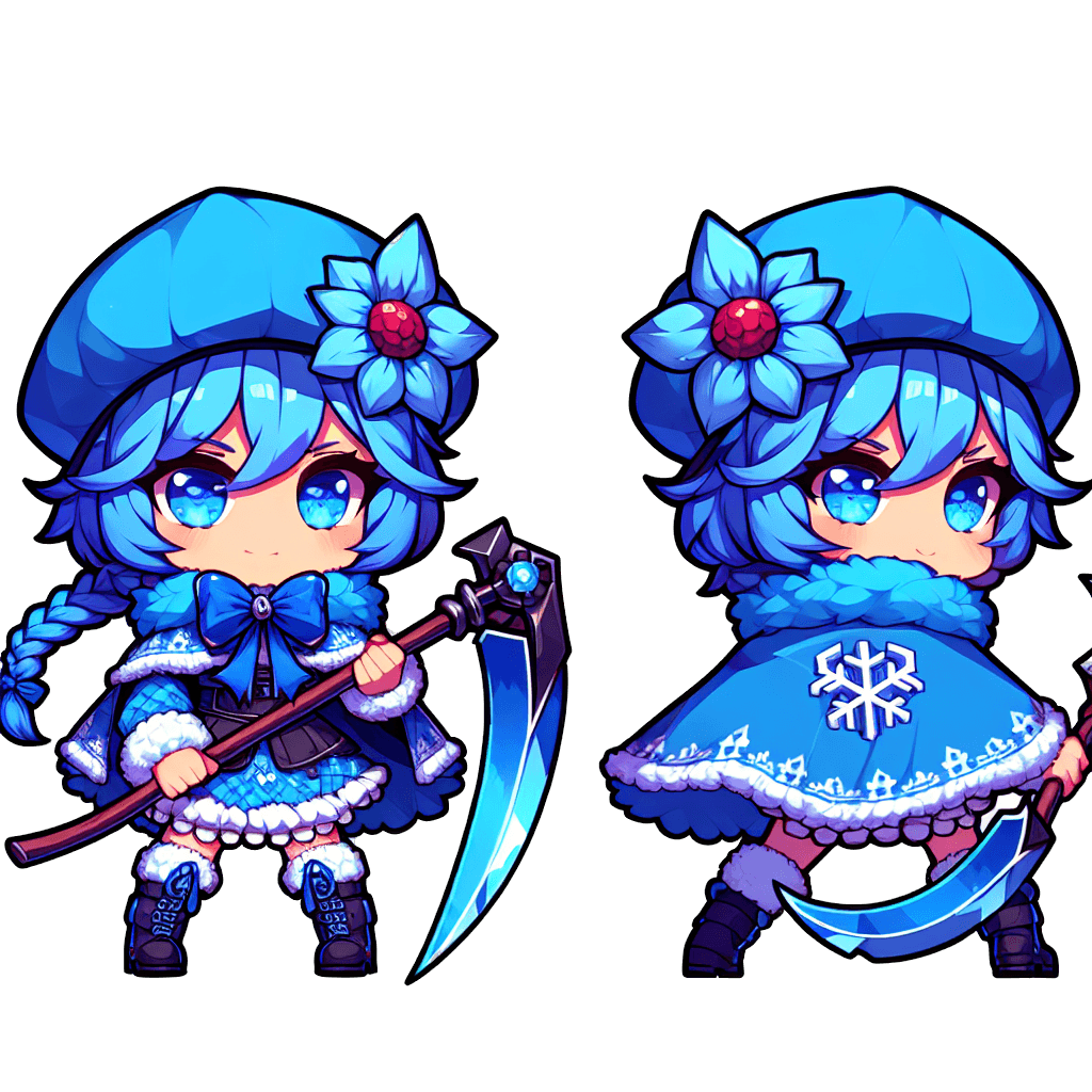 ruby edelweiss with blue twin braid hairstyle, blue winter hat, blue snow attire with blue cape and a snow symbol bow tie and large blue scythe emote