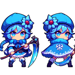 ruby edelweiss with blue twin braid hairstyle, blue winter hat, blue snow attire with blue cape and a snow symbol bow tie and large blue scythe