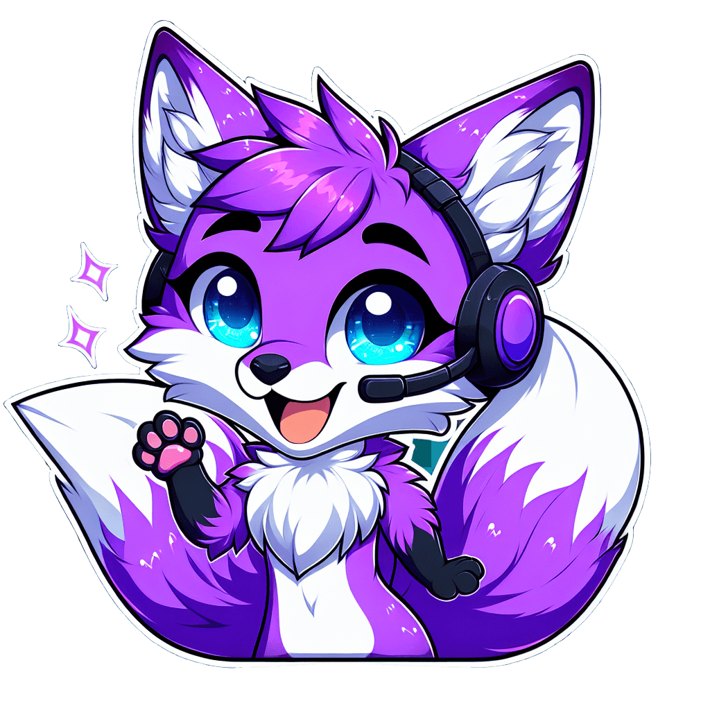 a fox, purple fur, big ice blue eyes, wearing headset, smiling and waving and saying "Hi" emote