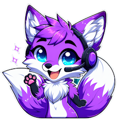 a fox, purple fur, big ice blue eyes, wearing headset, smiling and waving and saying "Hi"