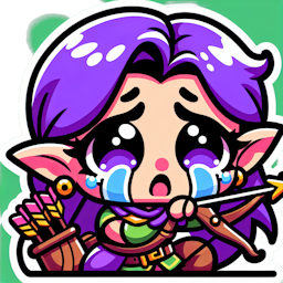 Female elven archer ,purple hair, gray eyes, bow and arrows, crying