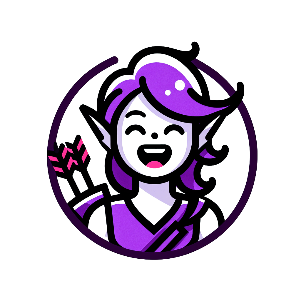 pale skin, purple hair, elf ears, archer girl , laughing out loud emote