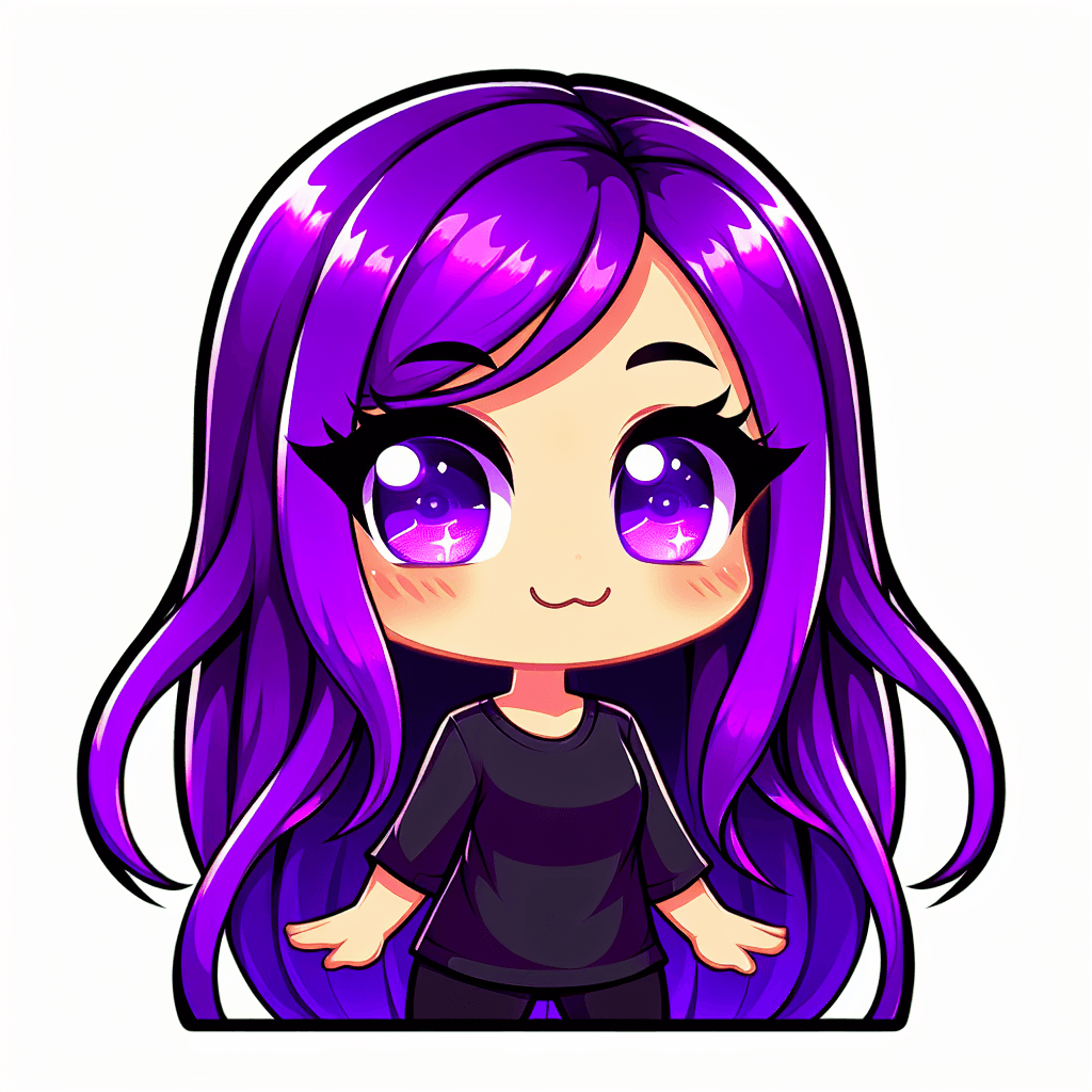 one girl, long purple hair, purple eyes, black shirts emote