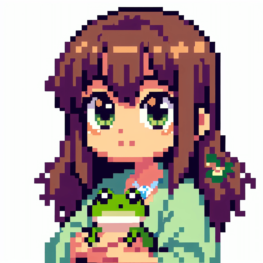 A girl with brown hair holding frog emote