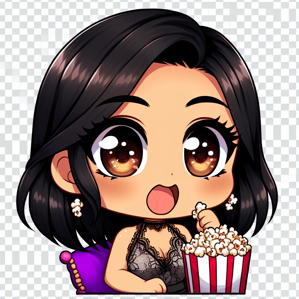 Brown eyed Filipina with black hair wearing a lace top eating popcorn emote