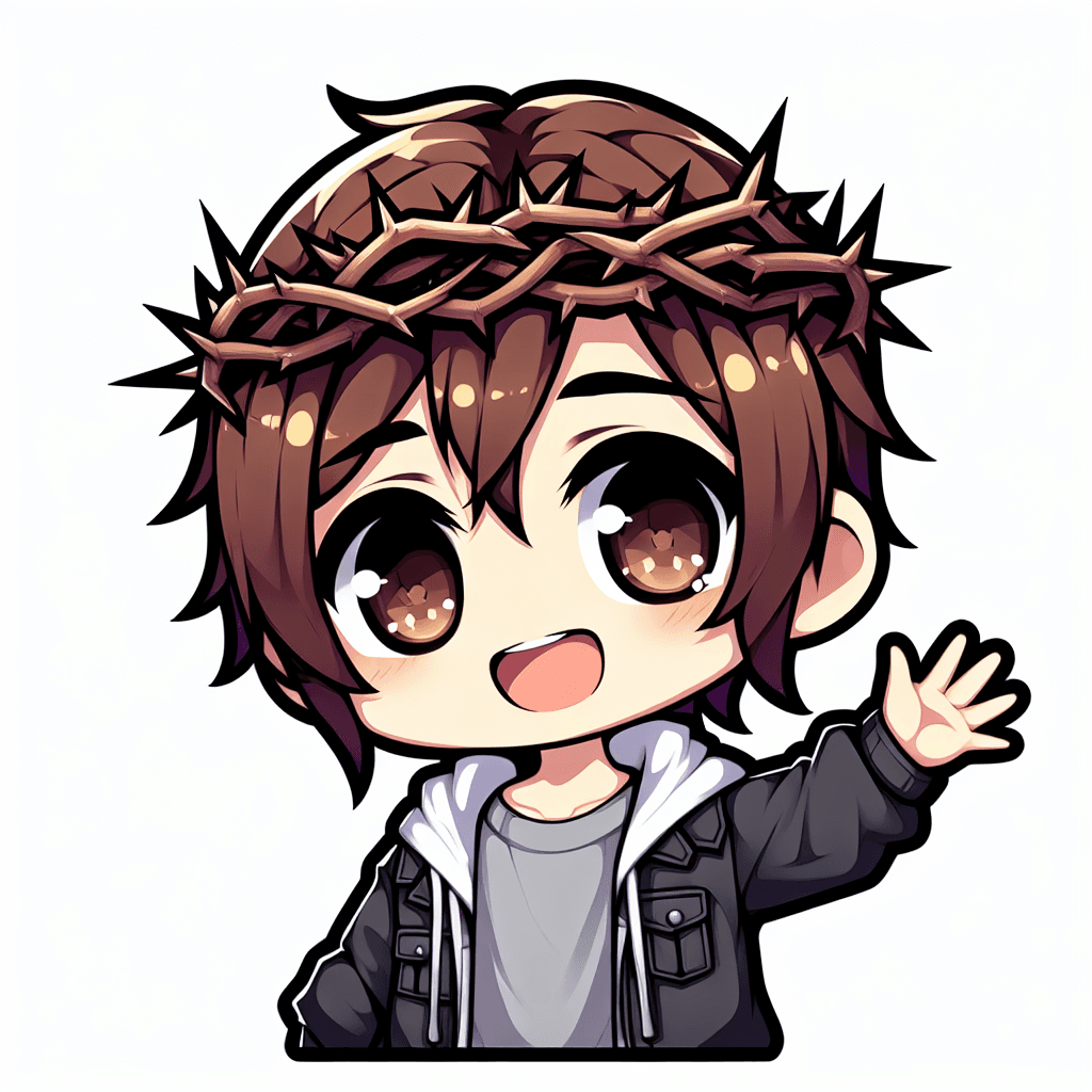 A boy with long brown hair and brown eyes, wearing a gray t-shirt, black jacket and crown of thorns on the head, waving and saying "hi" emote