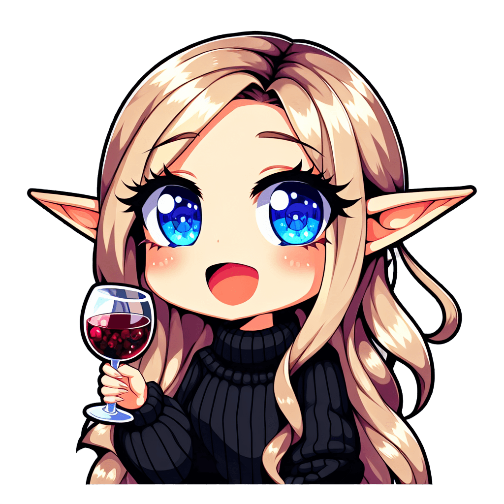 one girl, long blonde hair, blue eyes, elf ears, wearing a black sweater, drinking wine emote