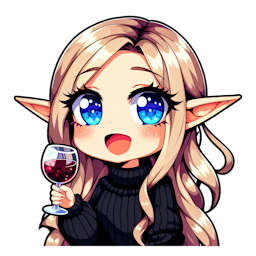 one girl, long blonde hair, blue eyes, elf ears, wearing a black sweater, drinking wine