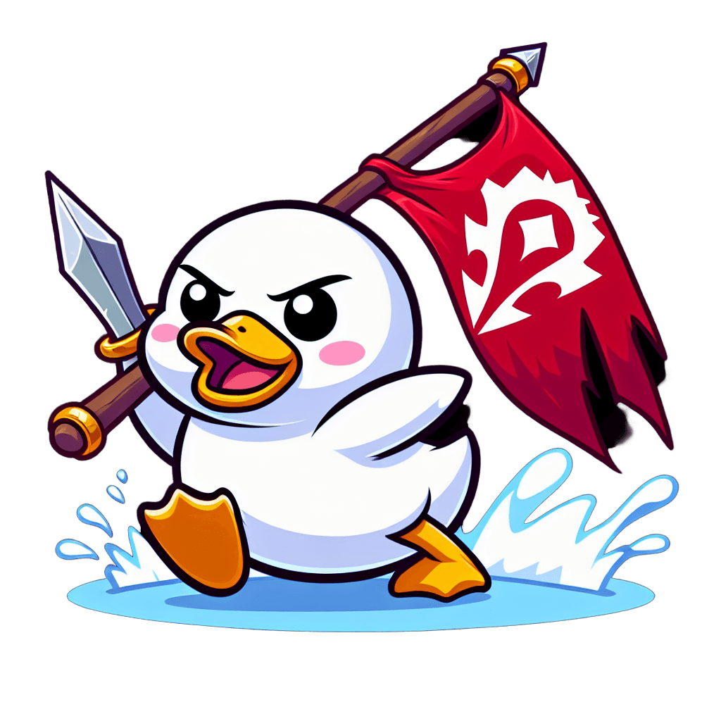 a white duck charging into battle carrying a red world of warcraft horde flag emote