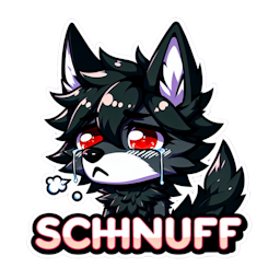 a wolve with black fur,red eyes, sad and the word "schnüff