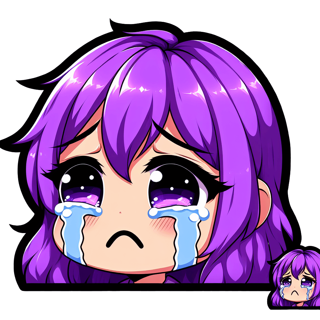 A purple haired girl crying emote