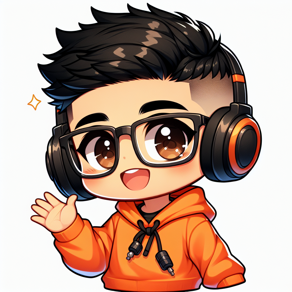 A boy with very short black hair (military cut) and brown eyes with glasses, wearing an orange sweatshirt and black headphones on his head, waving and saying 'bye'." emote