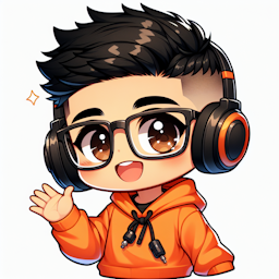 A boy with very short black hair (military cut) and brown eyes with glasses, wearing an orange sweatshirt and black headphones on his head, waving and saying 'bye'."