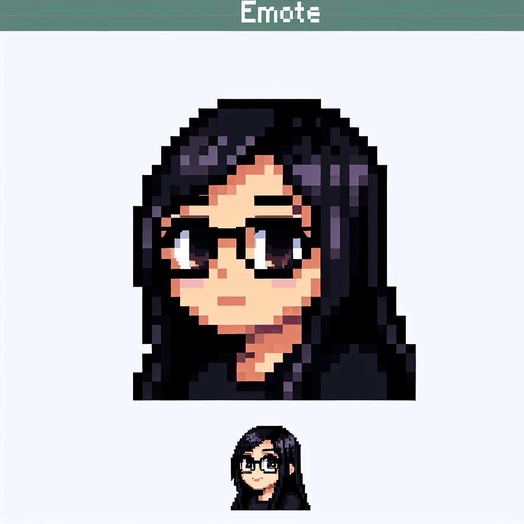 streamer/gamer girl, with long black hair, black glasses and dark brown eyes, wearing dark clothes with a video game backdrop, her innocent expression captivates everyone who looks at her emote