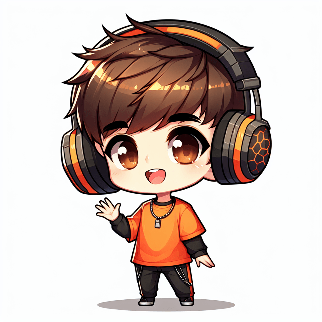 "A boy with short brown hair and brown eyes, wearing an orange t-shirt and headphones on his head, waving and saying 'hi'." emote