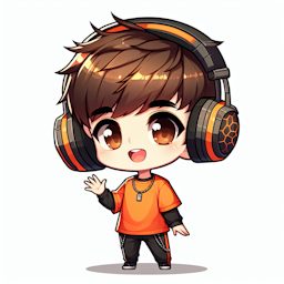 "A boy with short brown hair and brown eyes, wearing an orange t-shirt and headphones on his head, waving and saying 'hi'."