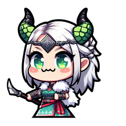 A female head with white hair dressed in viking style clothes with green dragon horns