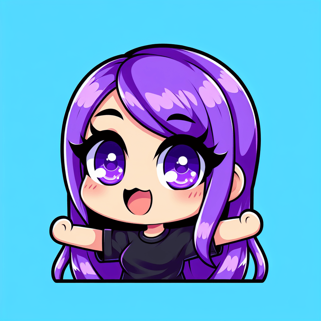 one girl, long purple hair, purple eyes, black shirts emote