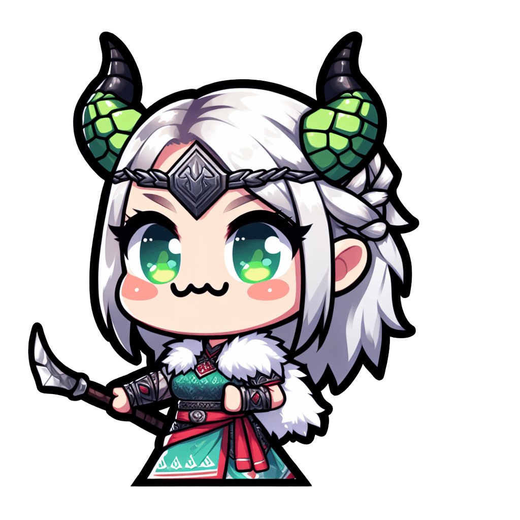 A female head with white hair dressed in viking style clothes with green dragon horns emote